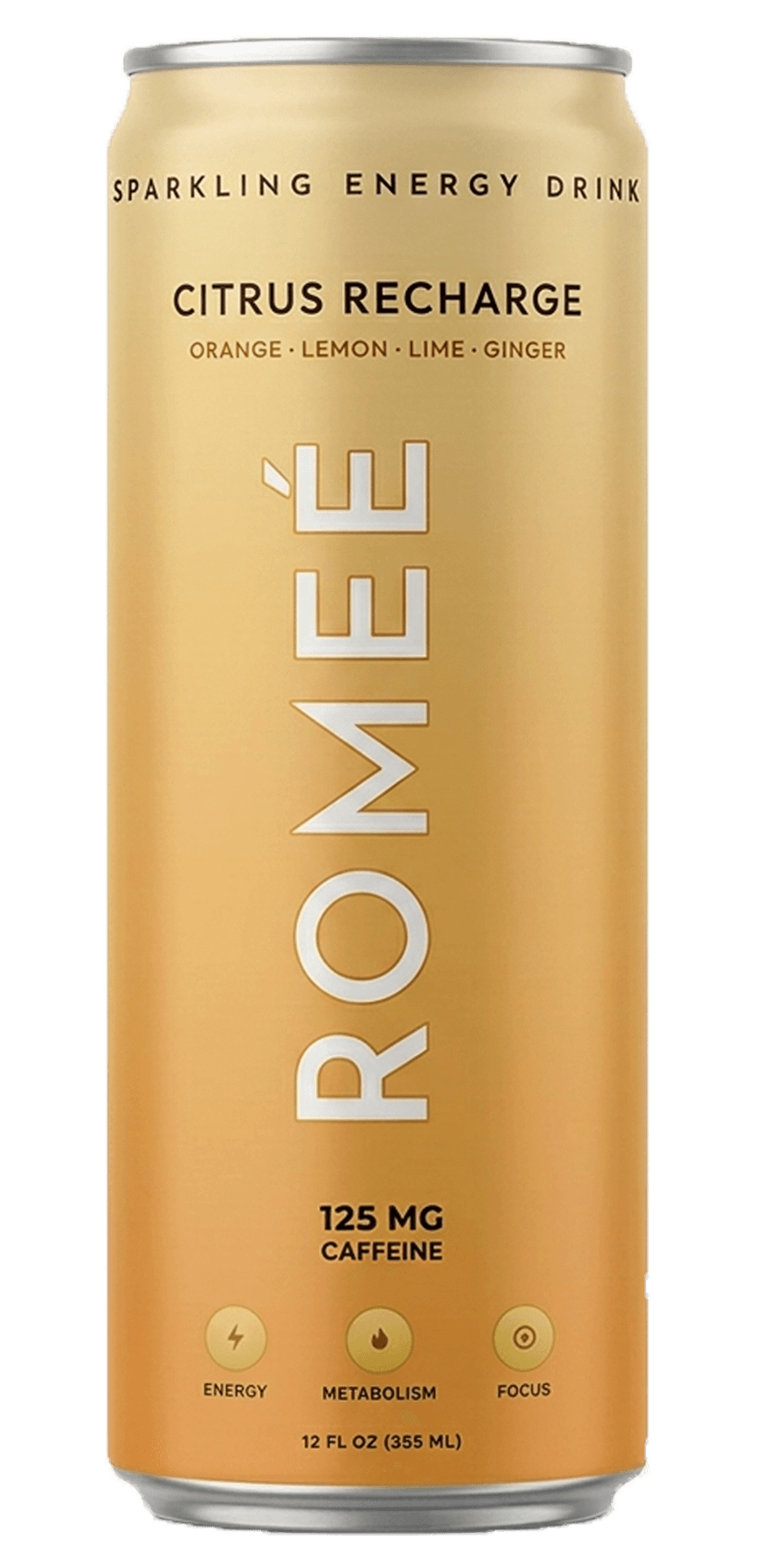 Citrus Recharge, Romeé sparkling energy drink, 125 mg caffeine, 12 fl oz can