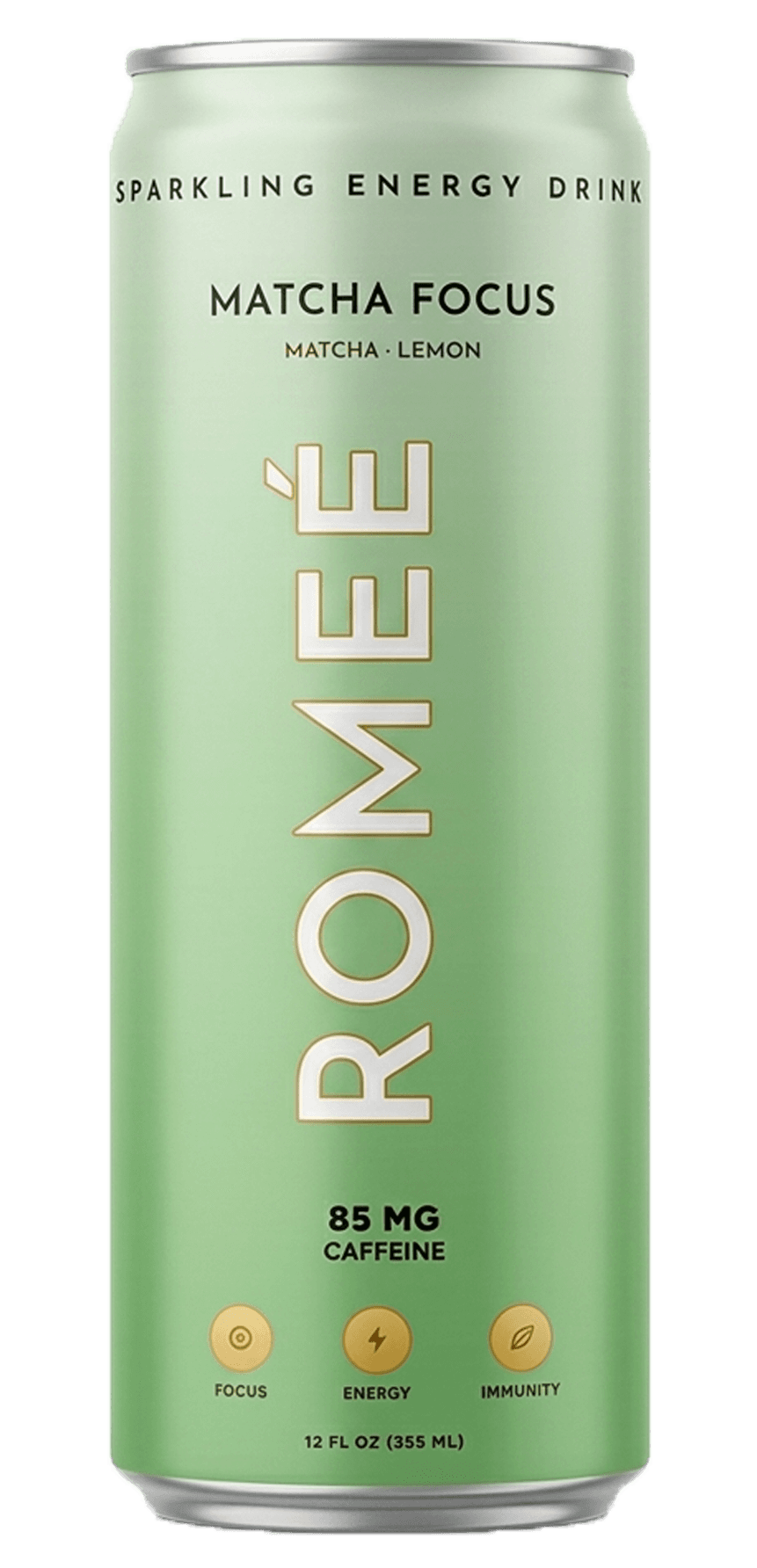 Matcha Focus, Romeé sparkling energy drink, 85 mg caffeine, 12 fl oz can