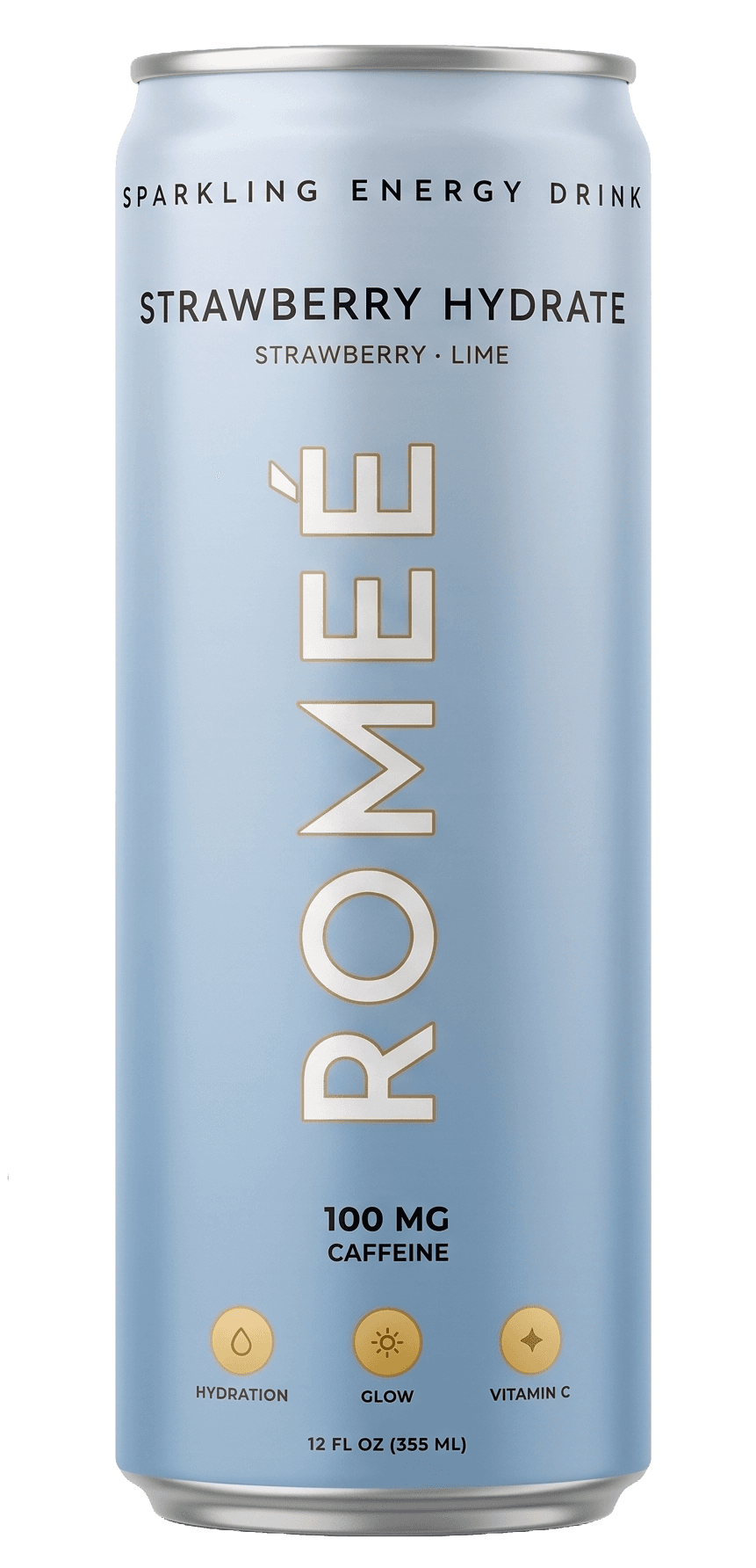 Strawberry Hydrate, Romeé sparkling energy drink, 100 mg caffeine, 12 fl oz can